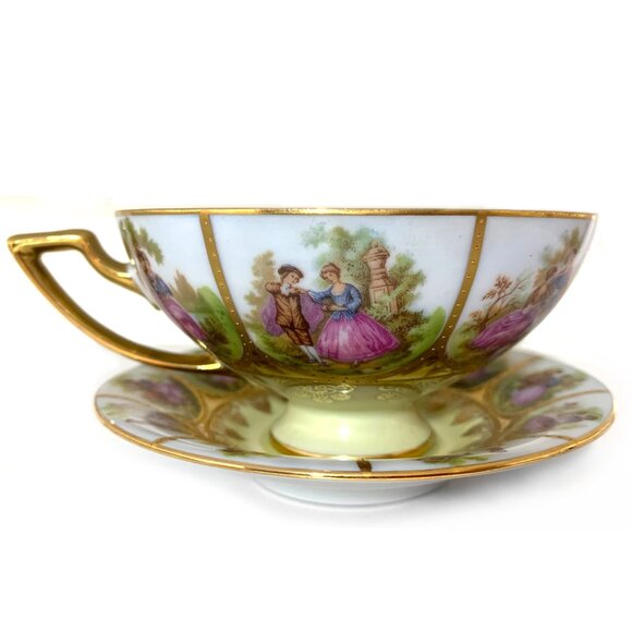 JKW Bavaria West Germany Porcelain Cup & Saucer Love Story Pattern Vintage 1950s - Picture 3 of 14